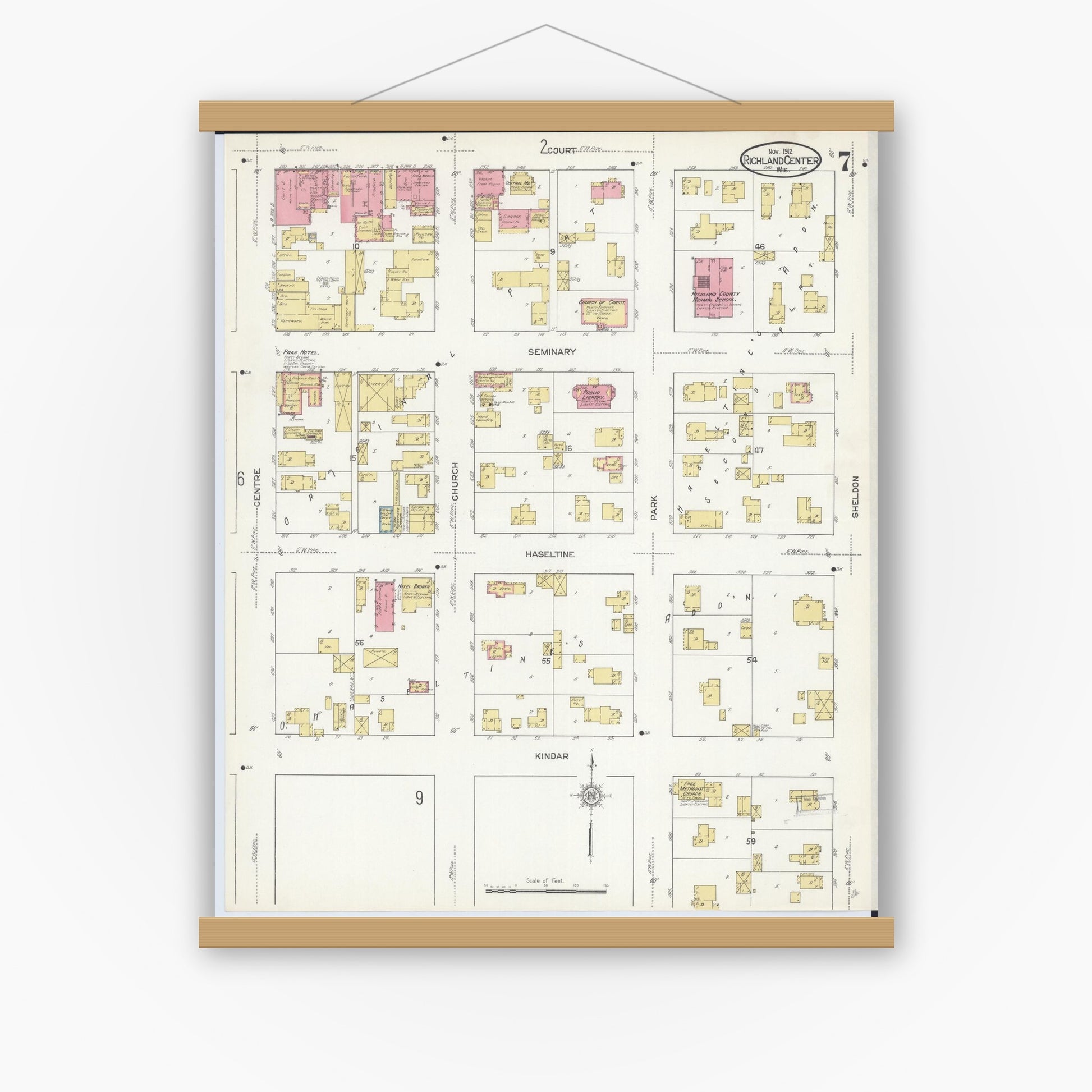 Old map wall art mockup — magnetic wood frame on white wall — Sanborn Fire Insurance Map from Richland Center, Richland County, Wisconsin (1912), Sheet #0007