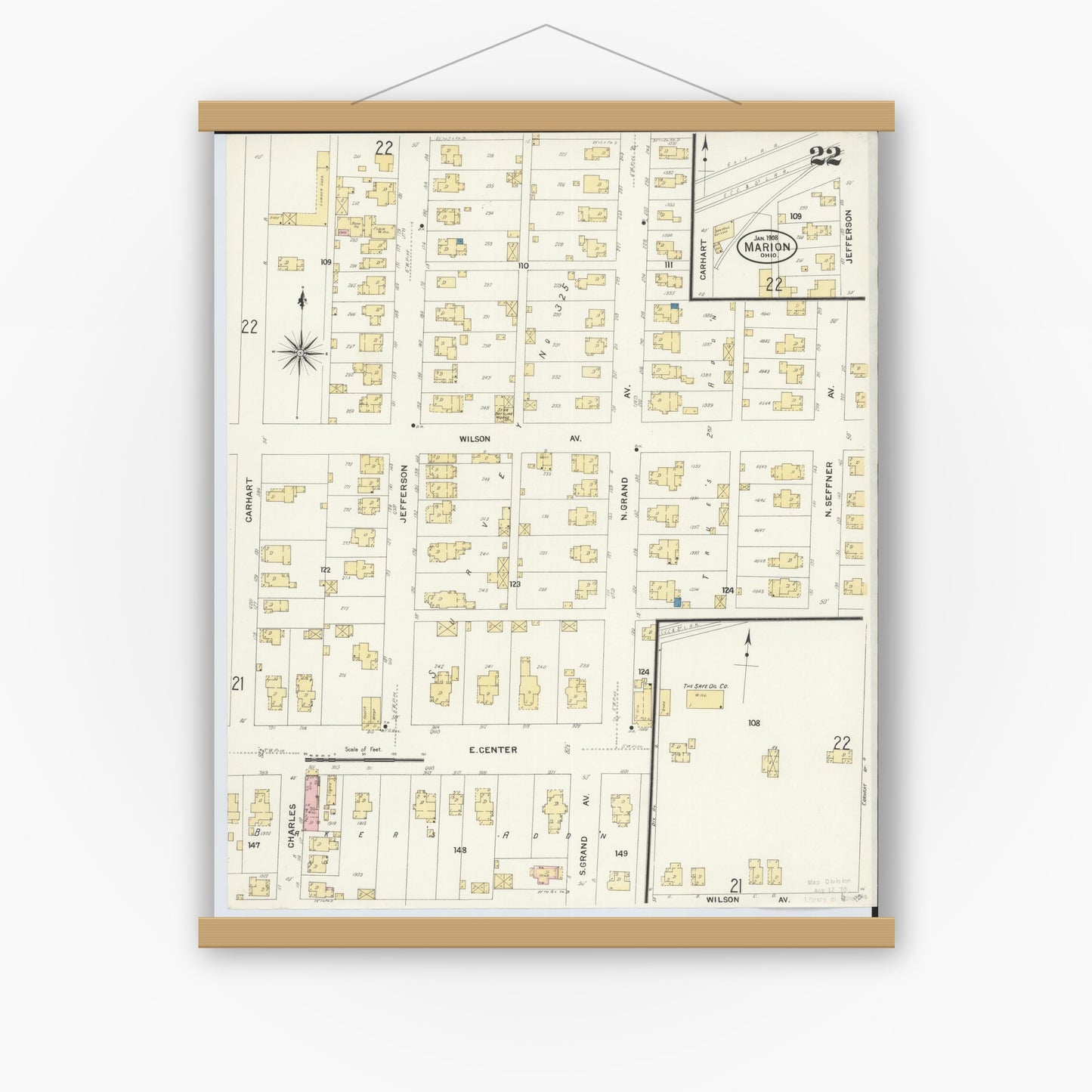 Old map wall art mockup — magnetic wood frame on white wall — Sanborn Fire Insurance Map from Marion, Marion County, Ohio (1908), Sheet #0022