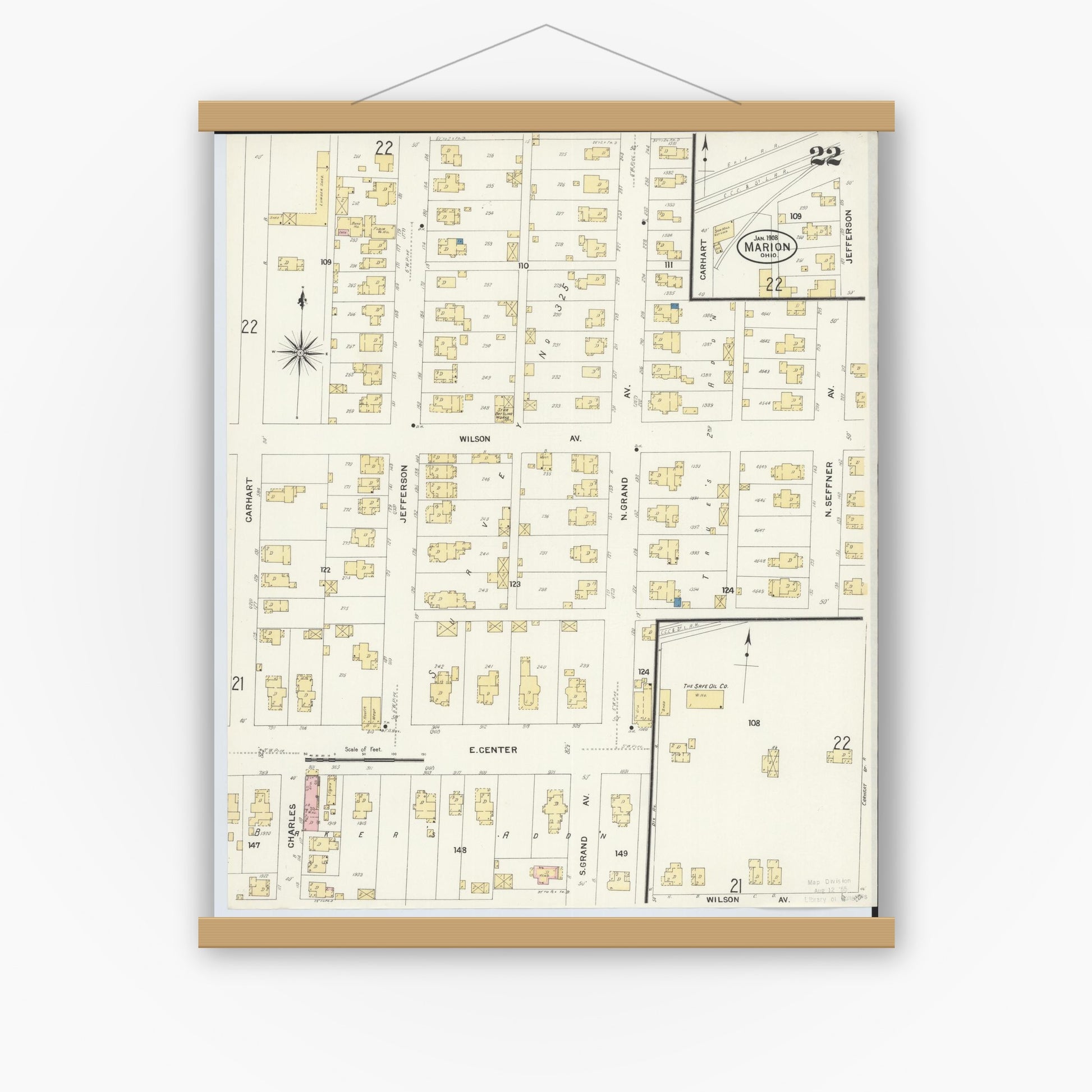 Old map wall art mockup — magnetic wood frame on white wall — Sanborn Fire Insurance Map from Marion, Marion County, Ohio (1908), Sheet #0022
