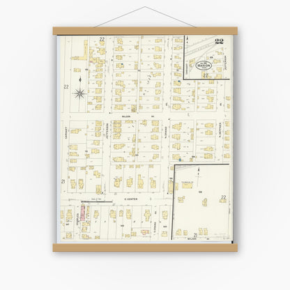 Old map wall art mockup — magnetic wood frame on white wall — Sanborn Fire Insurance Map from Marion, Marion County, Ohio (1908), Sheet #0022