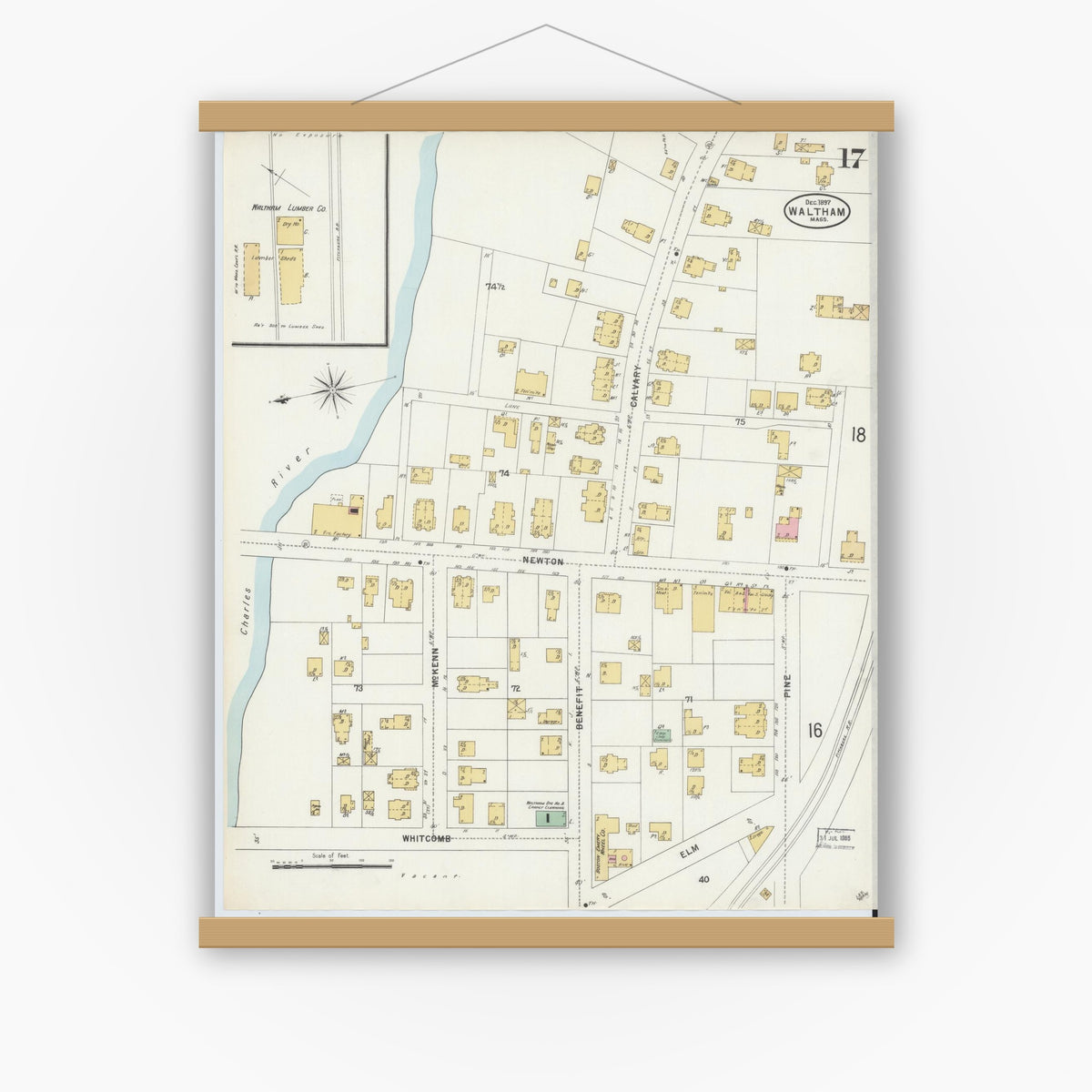 Old map wall art mockup — magnetic wood frame on white wall — Sanborn Fire Insurance Map from Waltham, Middlesex County, Massachusetts (1897), Sheet #0017