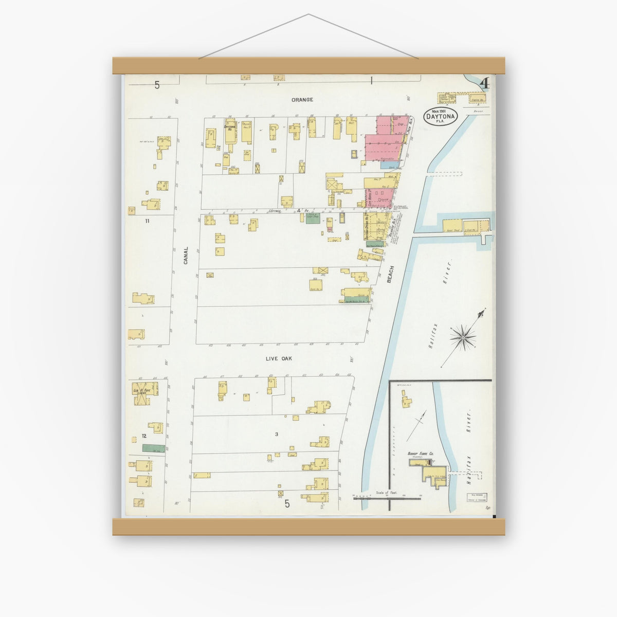 Old map wall art mockup — magnetic wood frame on white wall — Sanborn Fire Insurance Map from Daytona, Volusia County, Florida (1901), Sheet #0004