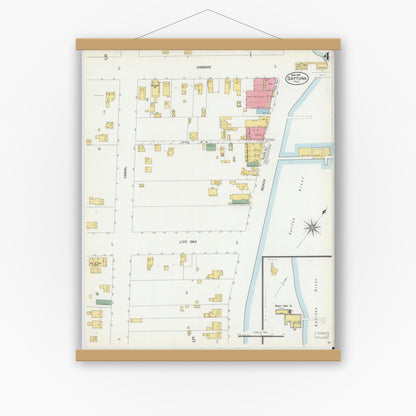 Old map wall art mockup — magnetic wood frame on white wall — Sanborn Fire Insurance Map from Daytona, Volusia County, Florida (1901), Sheet #0004