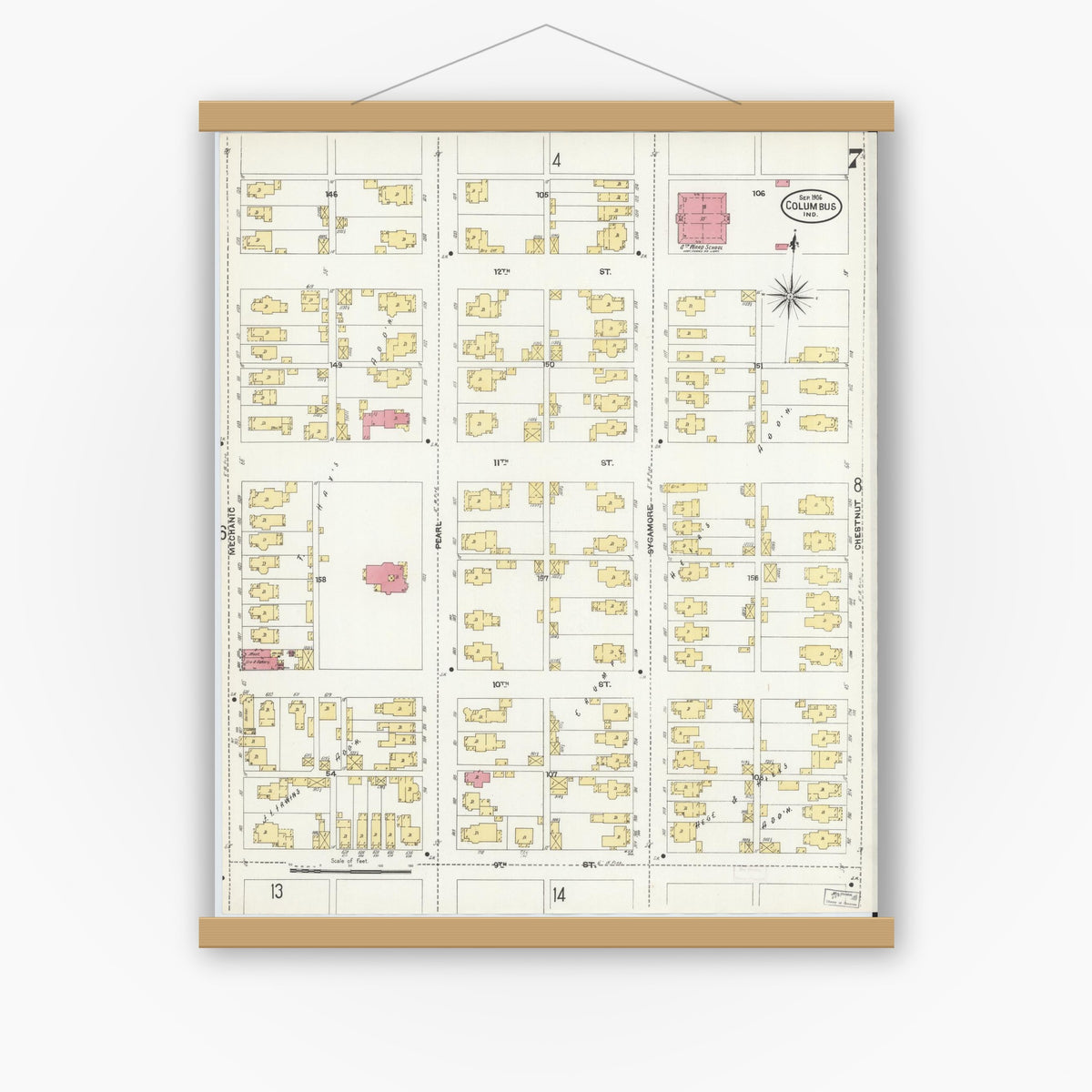 Old map wall art mockup — magnetic wood frame on white wall — Sanborn Fire Insurance Map from Columbus, Bartholomew County, Indiana (1906), Sheet #0007