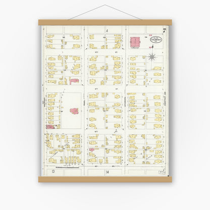 Old map wall art mockup — magnetic wood frame on white wall — Sanborn Fire Insurance Map from Columbus, Bartholomew County, Indiana (1906), Sheet #0007