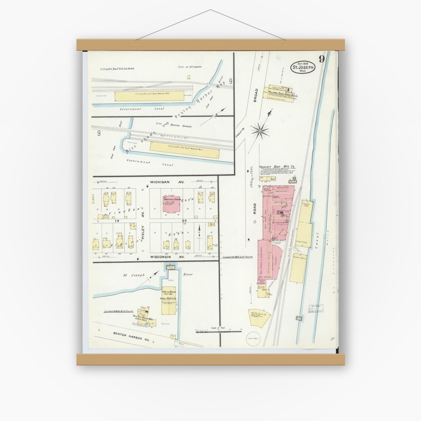 Old map wall art mockup — magnetic wood frame on white wall — Sanborn Fire Insurance Map from Saint Joseph, Berrien County, Michigan (1908), Sheet #0009