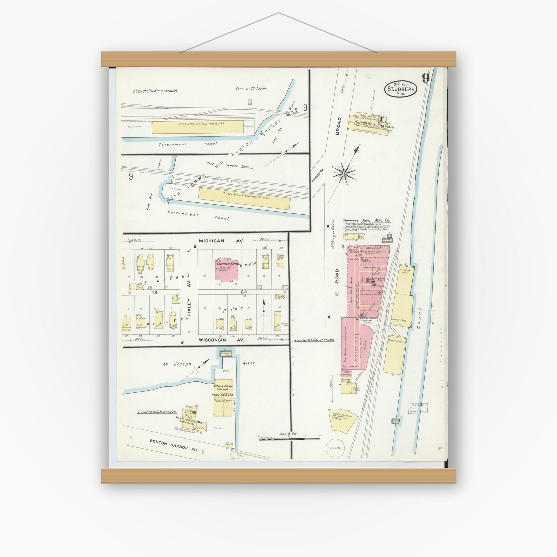 Old map wall art mockup — magnetic wood frame on white wall — Sanborn Fire Insurance Map from Saint Joseph, Berrien County, Michigan (1908), Sheet #0009