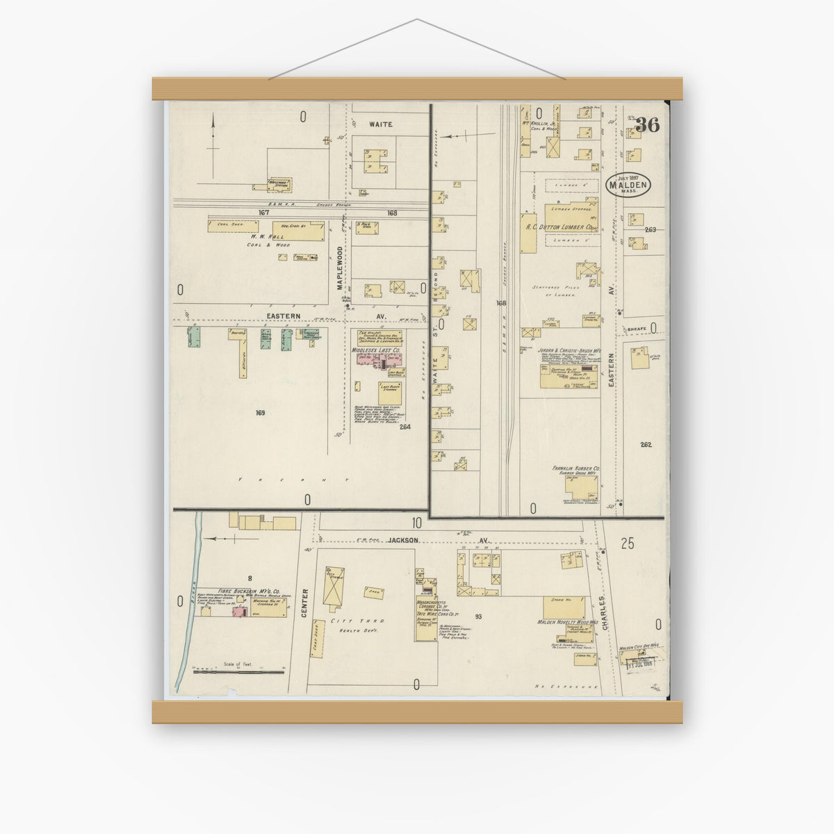 Old map wall art mockup — magnetic wood frame on white wall — Sanborn Fire Insurance Map from Malden, Middlesex County, Massachusetts (1897), Sheet #0036