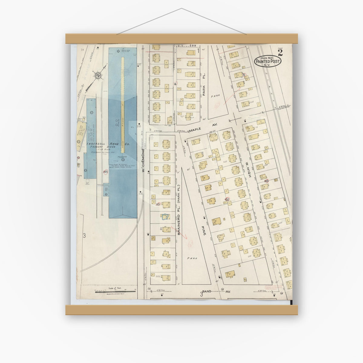 Old map wall art mockup — magnetic wood frame on white wall — Sanborn Fire Insurance Map from Painted Post, Steuben County, New York (1943), Sheet #0002