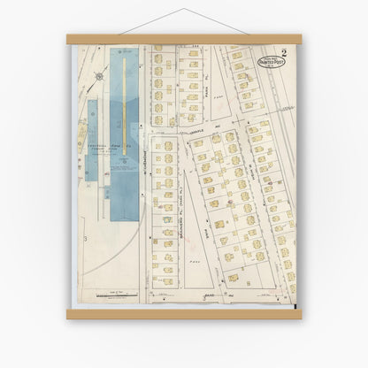 Old map wall art mockup — magnetic wood frame on white wall — Sanborn Fire Insurance Map from Painted Post, Steuben County, New York (1943), Sheet #0002
