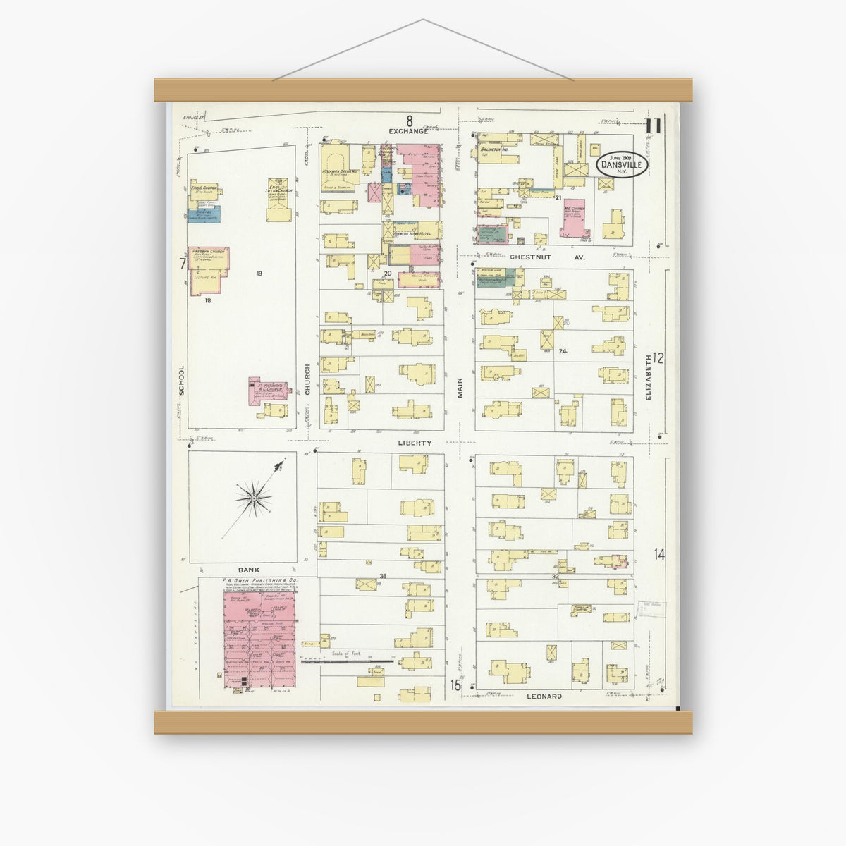 Old map wall art mockup — magnetic wood frame on white wall — Sanborn Fire Insurance Map from Dansville, Livingston County, New York (1909), Sheet #0011