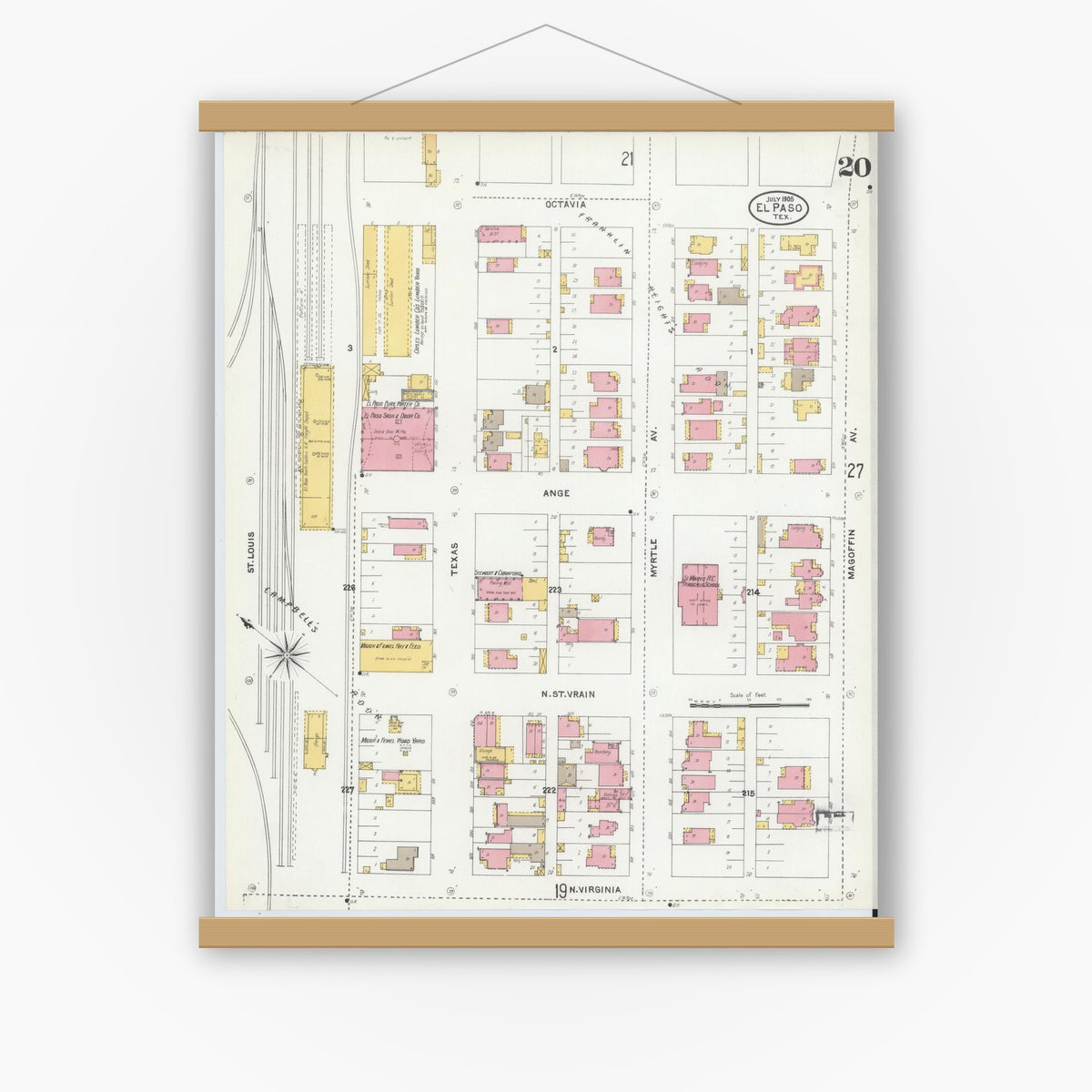 Old map wall art mockup — magnetic wood frame on white wall — Sanborn Fire Insurance Map from El Paso, El Paso County, Texas (1905), Sheet #0020