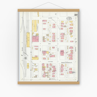 Old map wall art mockup — magnetic wood frame on white wall — Sanborn Fire Insurance Map from El Paso, El Paso County, Texas (1905), Sheet #0020