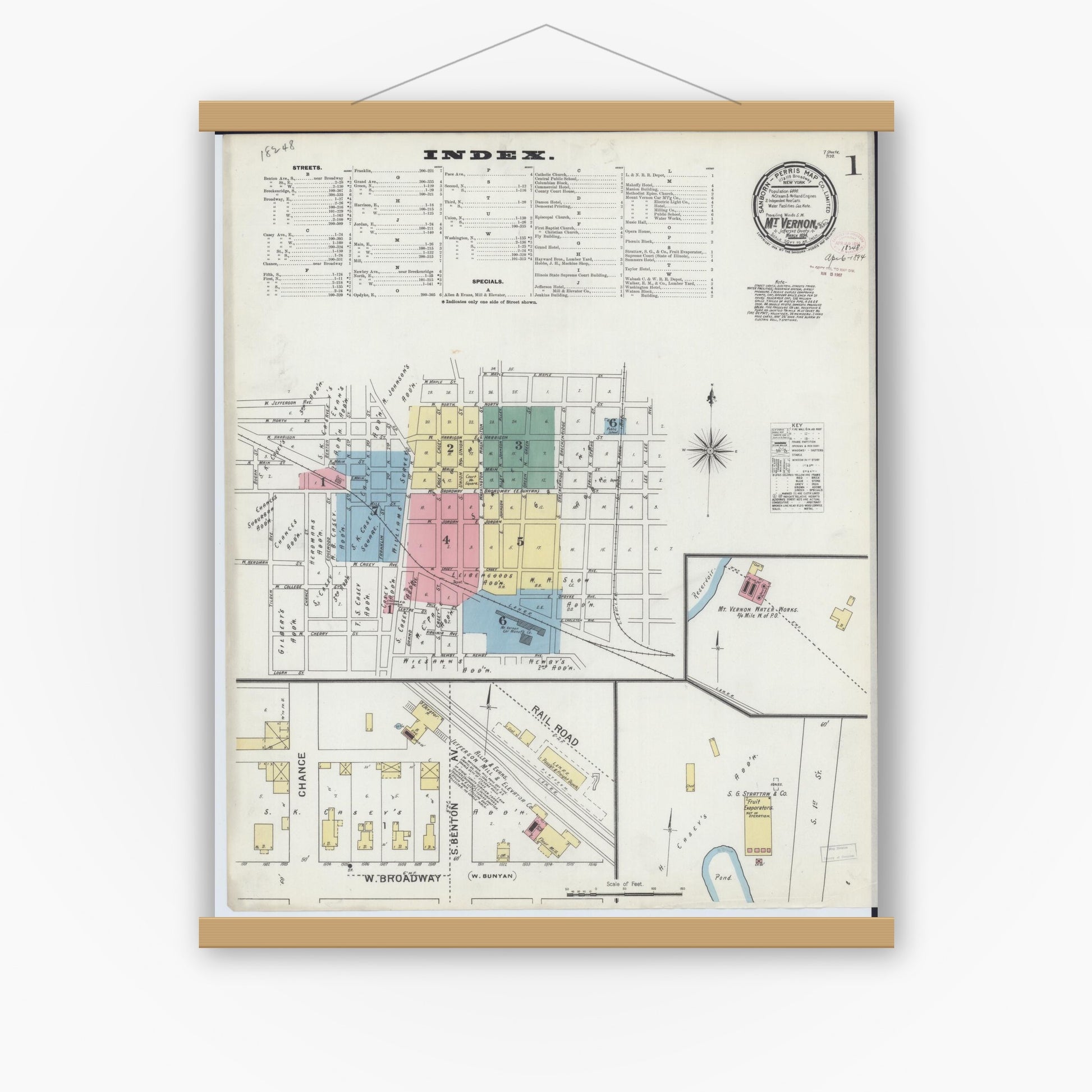 Old map wall art mockup — magnetic wood frame on white wall — Sanborn Fire Insurance Map from Mount Vernon, Jefferson County, Illinois (1894) - Complete Map Set