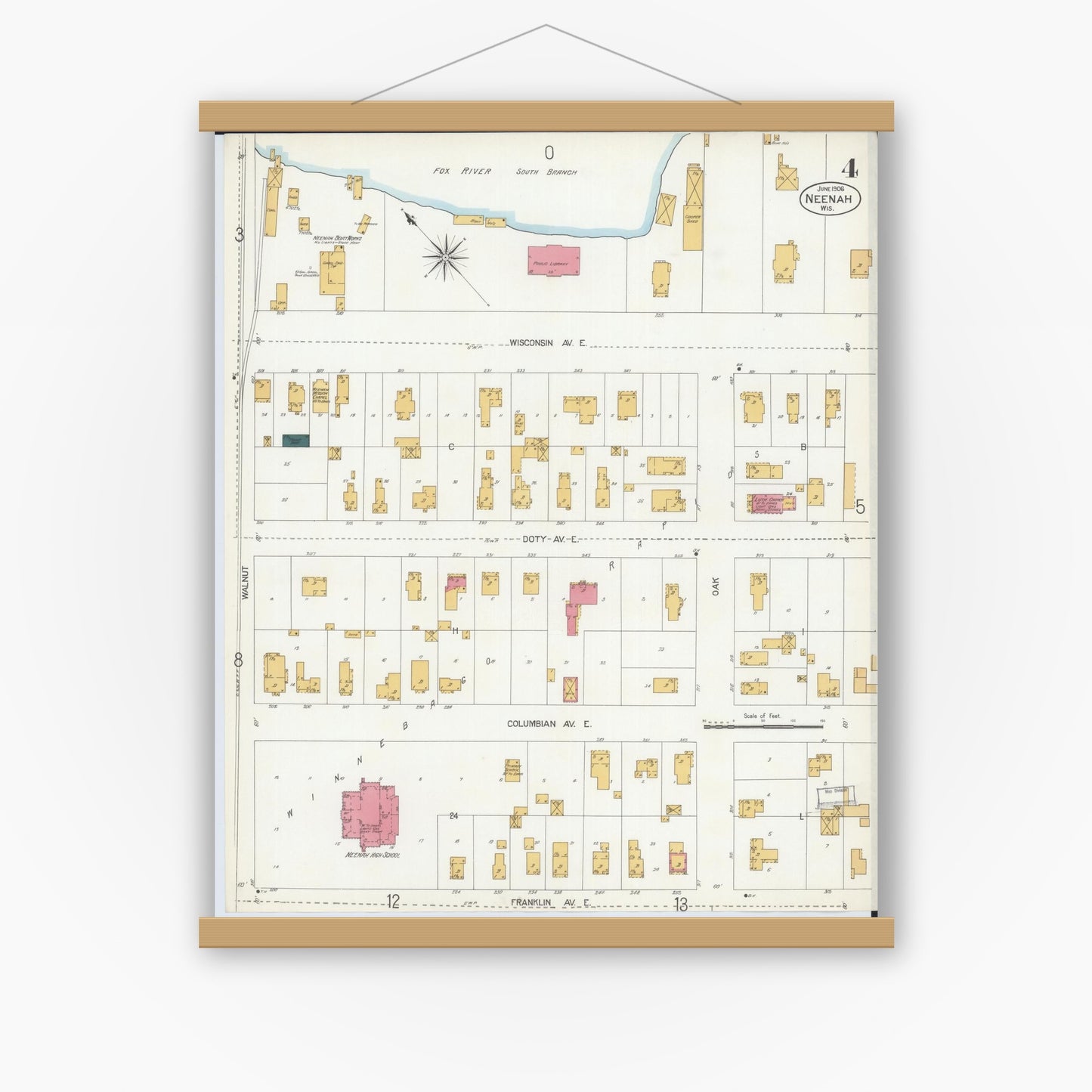 Old map wall art mockup — magnetic wood frame on white wall — Sanborn Fire Insurance Map from Neenah, Winnebago County, Wisconsin (1906), Sheet #0004
