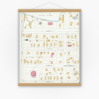 Old map wall art mockup — magnetic wood frame on white wall — Sanborn Fire Insurance Map from Neenah, Winnebago County, Wisconsin (1906), Sheet #0004