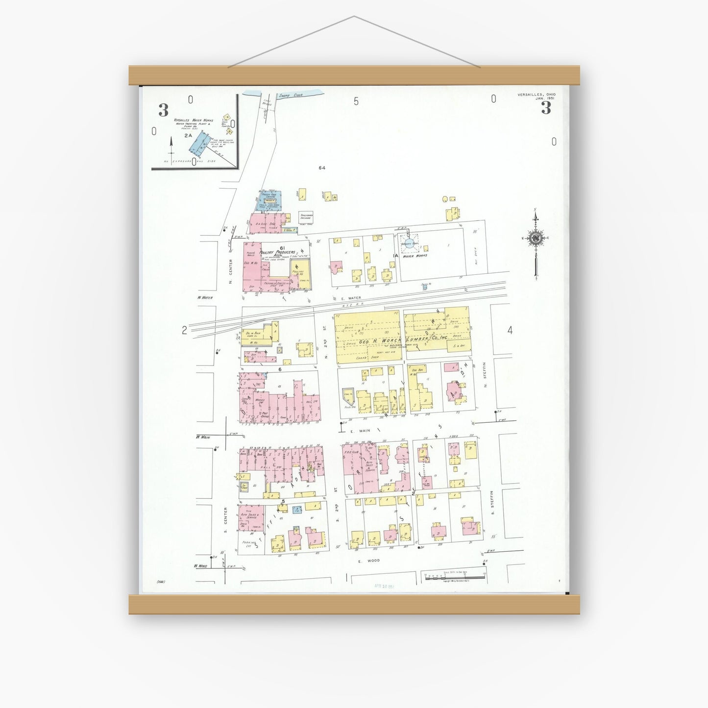Old map wall art mockup — magnetic wood frame on white wall — Sanborn Fire Insurance Map from Versailles, Darke County, Ohio (1951), Sheet #0003