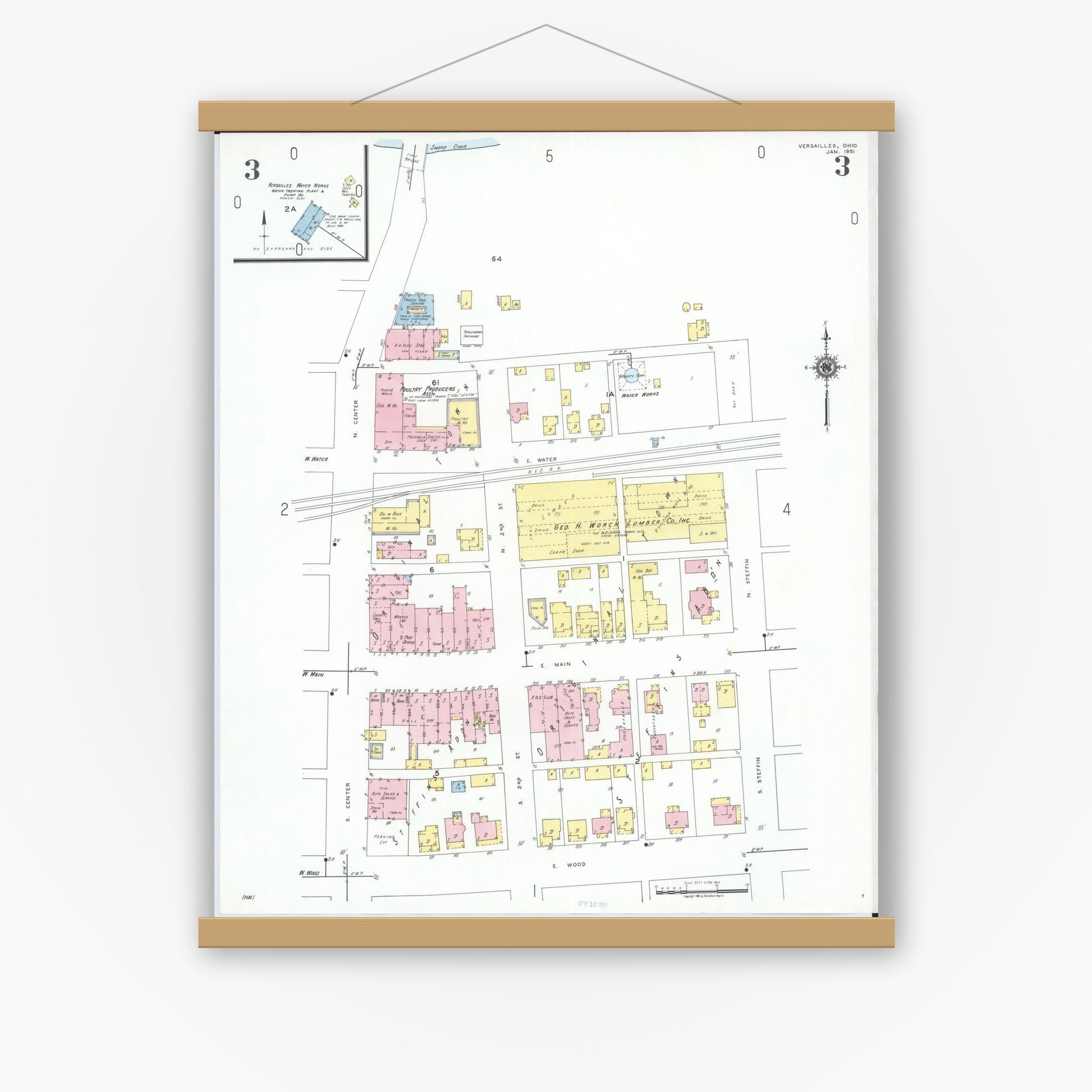 Old map wall art mockup — magnetic wood frame on white wall — Sanborn Fire Insurance Map from Versailles, Darke County, Ohio (1951), Sheet #0003