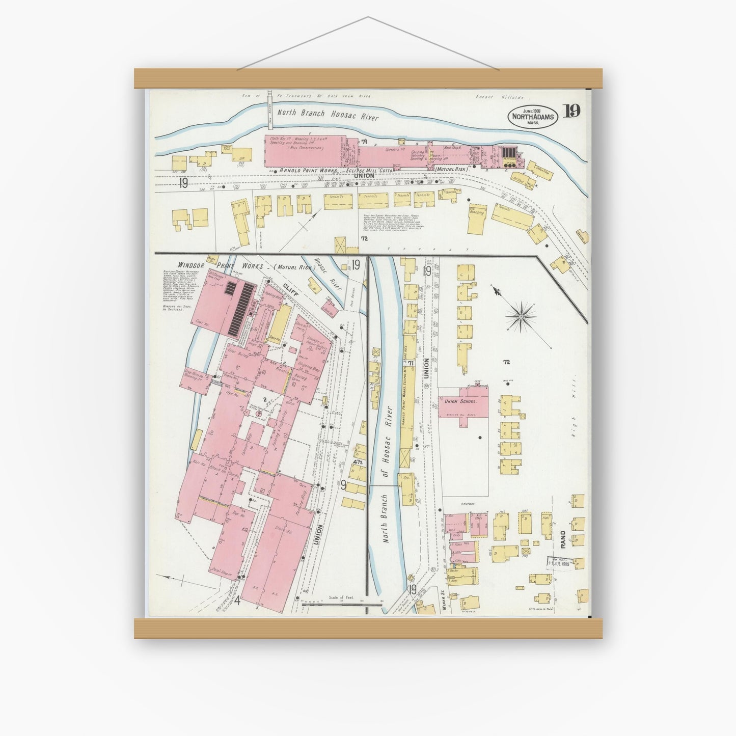 Old map wall art mockup — magnetic wood frame on white wall — Sanborn Fire Insurance Map from North Adams, Berkshire County, Massachusetts (1901), Sheet #0019