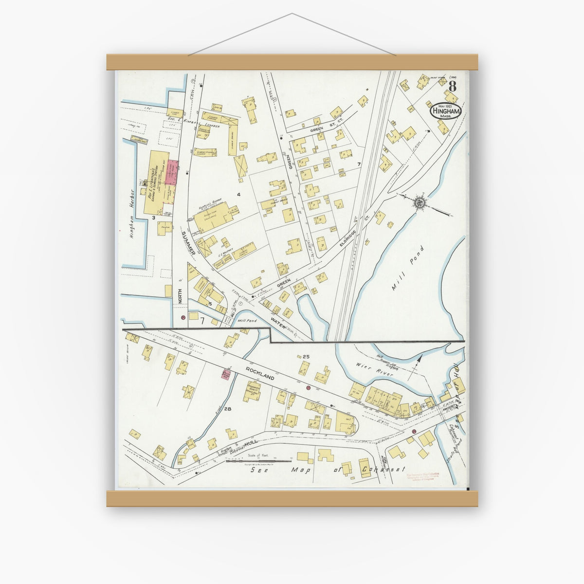 Old map wall art mockup — magnetic wood frame on white wall — Sanborn Fire Insurance Map from Hingham, Plymouth County, Massachusetts (1921), Sheet #0008