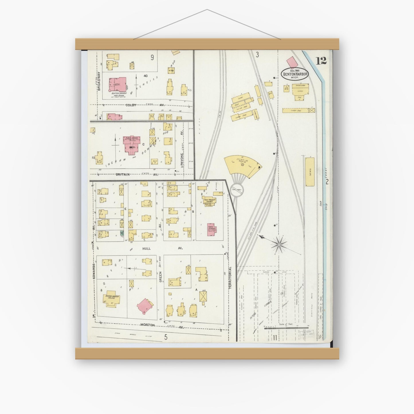 Old map wall art mockup — magnetic wood frame on white wall — Sanborn Fire Insurance Map from Benton Harbor, Berrien County, Michigan (1905), Sheet #0012