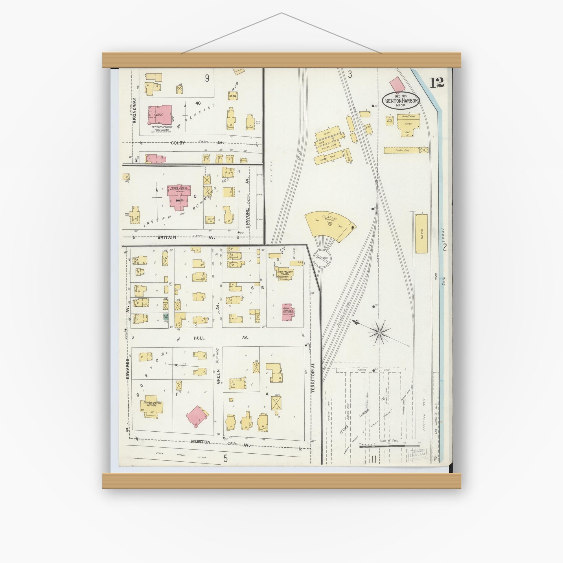 Old map wall art mockup — magnetic wood frame on white wall — Sanborn Fire Insurance Map from Benton Harbor, Berrien County, Michigan (1905), Sheet #0012