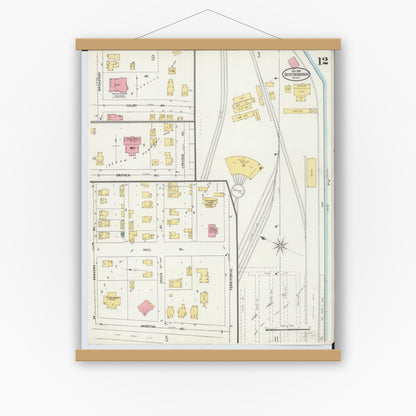 Old map wall art mockup — magnetic wood frame on white wall — Sanborn Fire Insurance Map from Benton Harbor, Berrien County, Michigan (1905), Sheet #0012