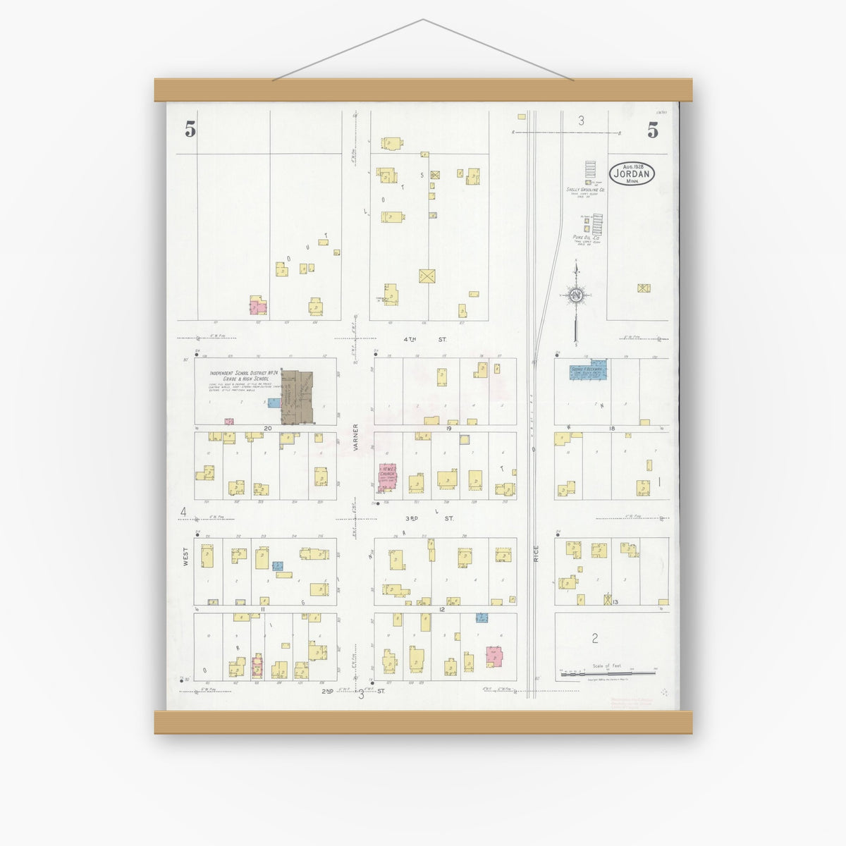 Old map wall art mockup — magnetic wood frame on white wall — Sanborn Fire Insurance Map from Jordan, Scott County, Minnesota (1928), Sheet #0005