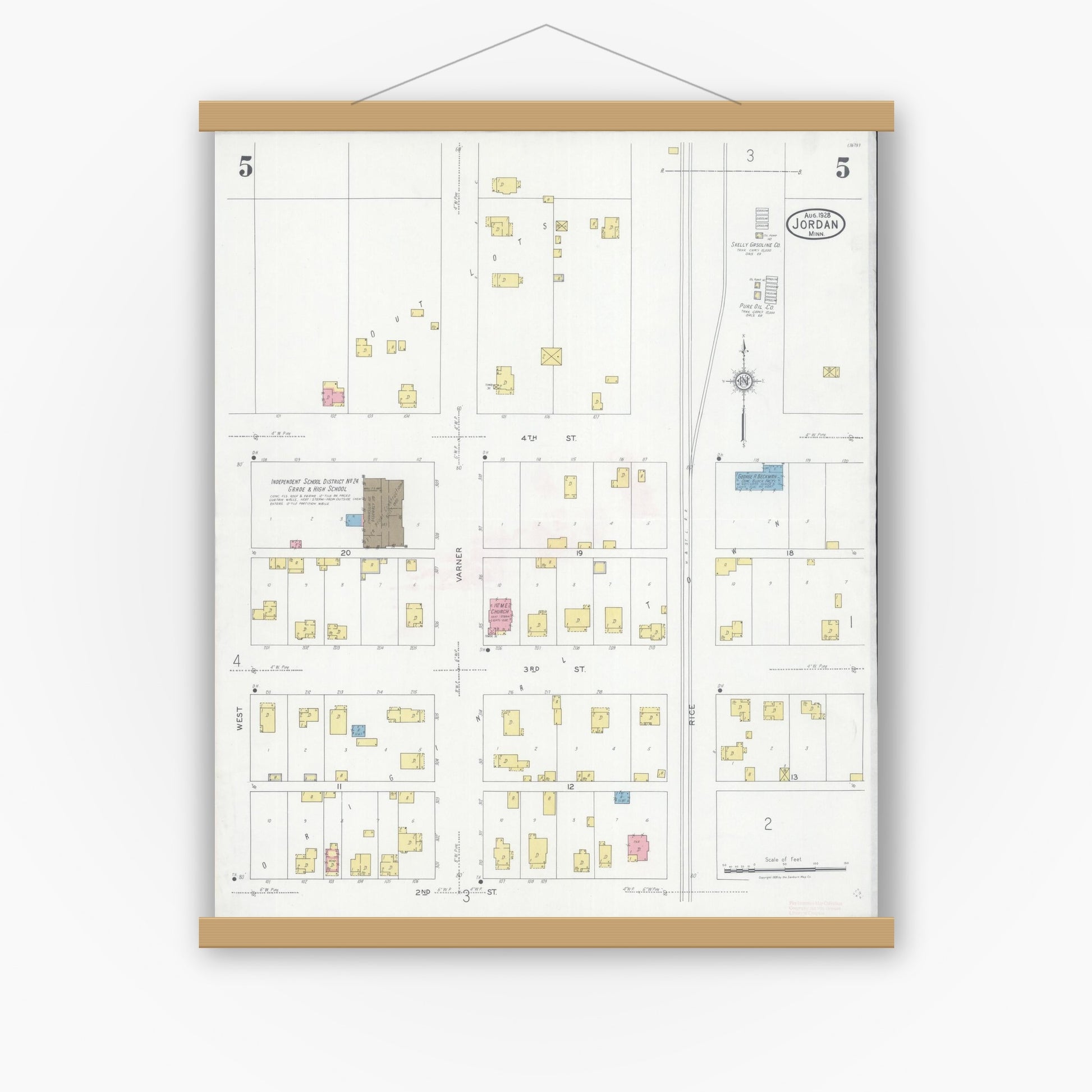 Old map wall art mockup — magnetic wood frame on white wall — Sanborn Fire Insurance Map from Jordan, Scott County, Minnesota (1928), Sheet #0005