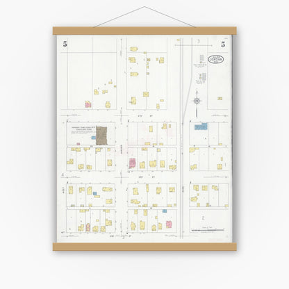 Old map wall art mockup — magnetic wood frame on white wall — Sanborn Fire Insurance Map from Jordan, Scott County, Minnesota (1928), Sheet #0005
