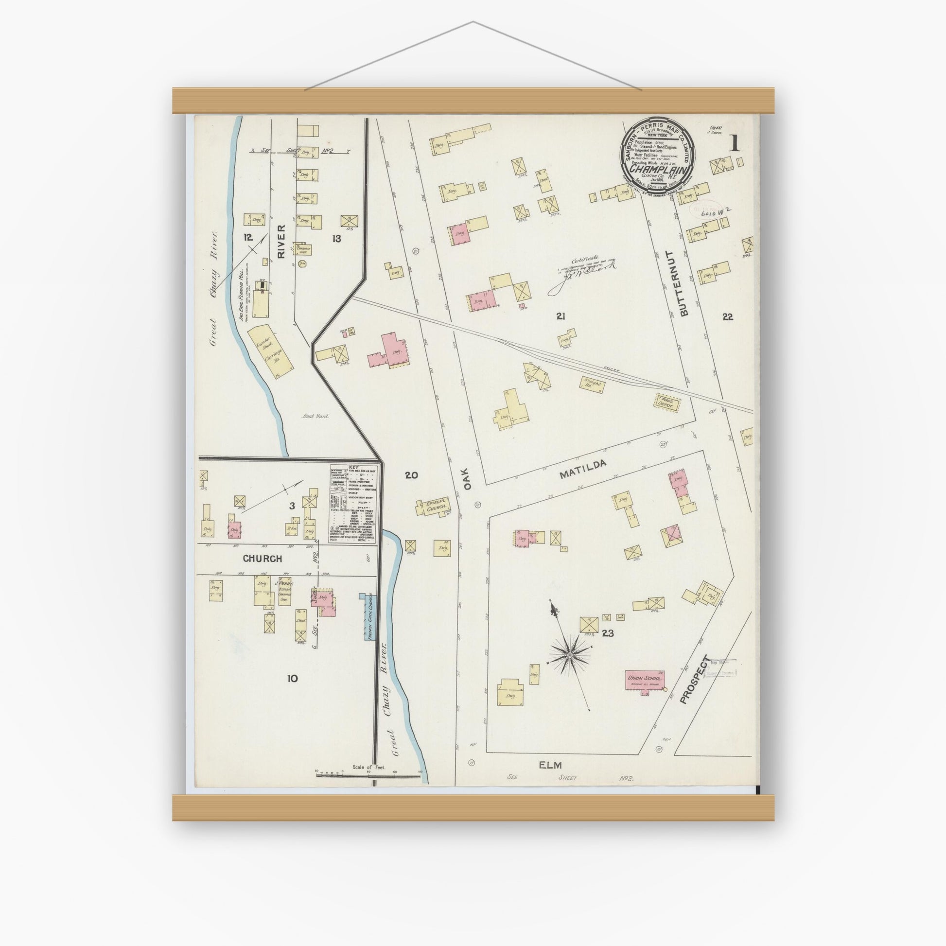 Old map wall art mockup — magnetic wood frame on white wall — Sanborn Fire Insurance Map from Champlain, Clinton County, New York (1891), Sheet #0001