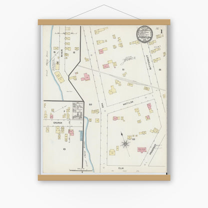 Old map wall art mockup — magnetic wood frame on white wall — Sanborn Fire Insurance Map from Champlain, Clinton County, New York (1891), Sheet #0001