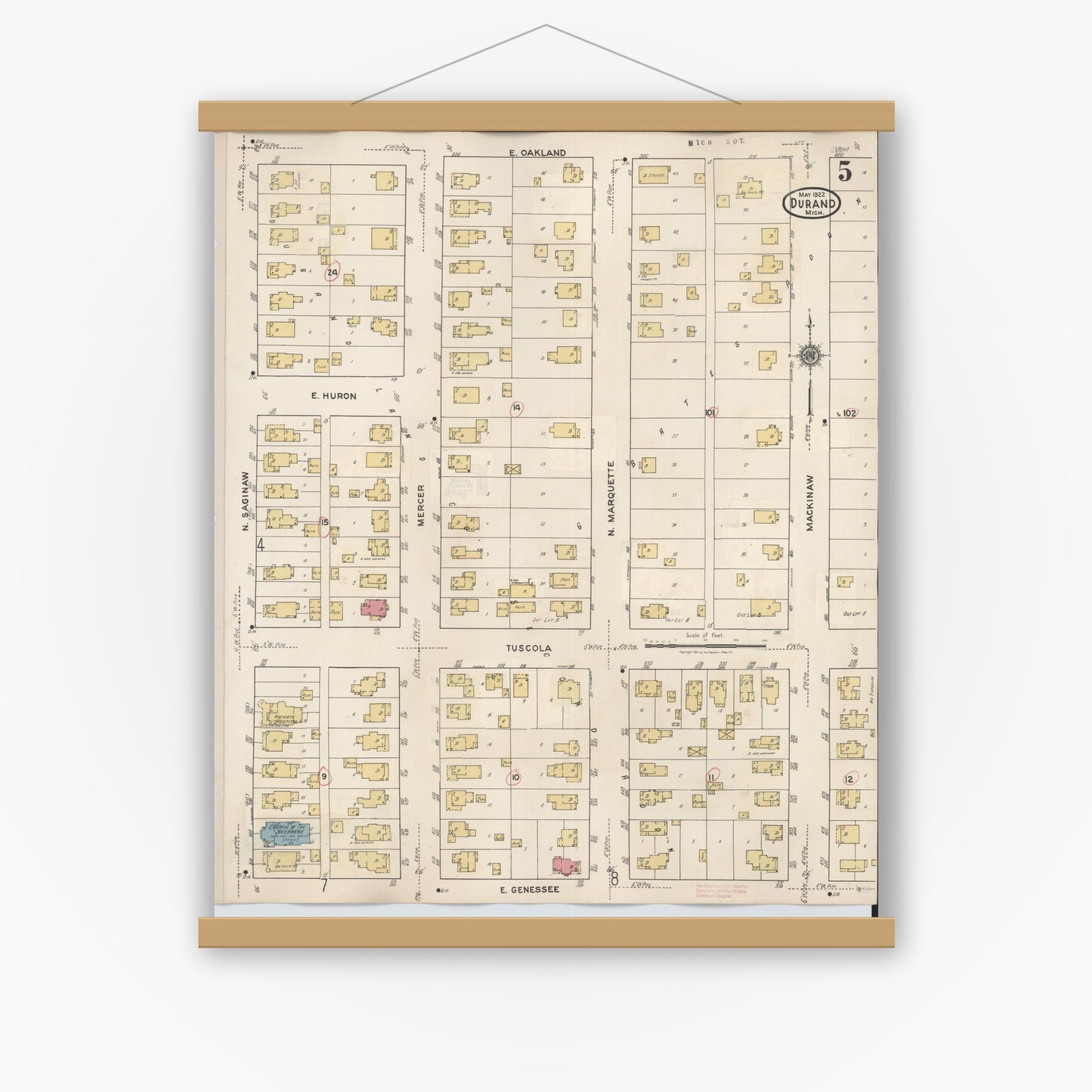 Old map wall art mockup — magnetic wood frame on white wall — Sanborn Fire Insurance Map from Durand, Shiawassee County, Michigan (1944), Sheet #0005