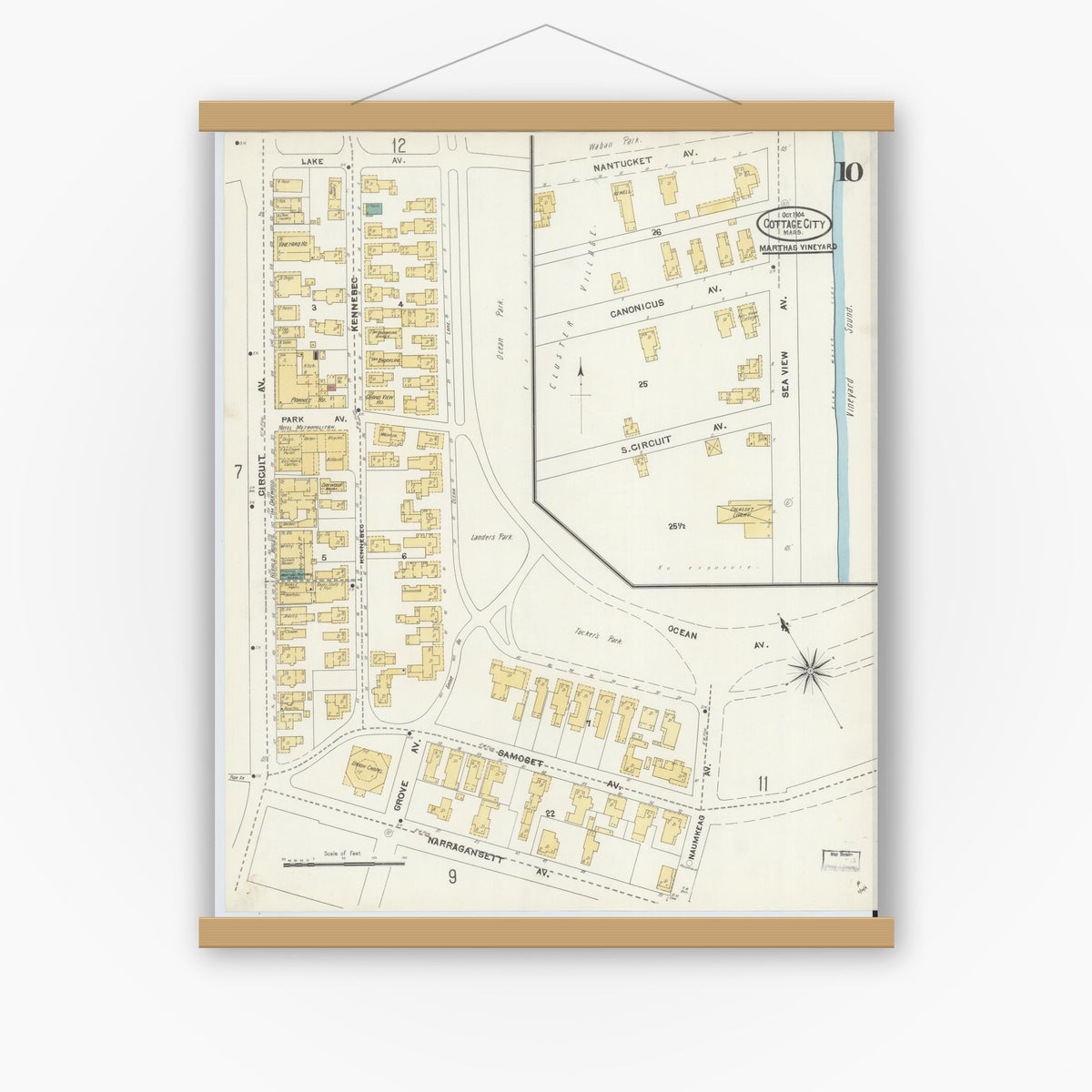 Old map wall art mockup — magnetic wood frame on white wall — Sanborn Fire Insurance Map from Cottage City, Dukes County, Massachusetts (1904), Sheet #0010