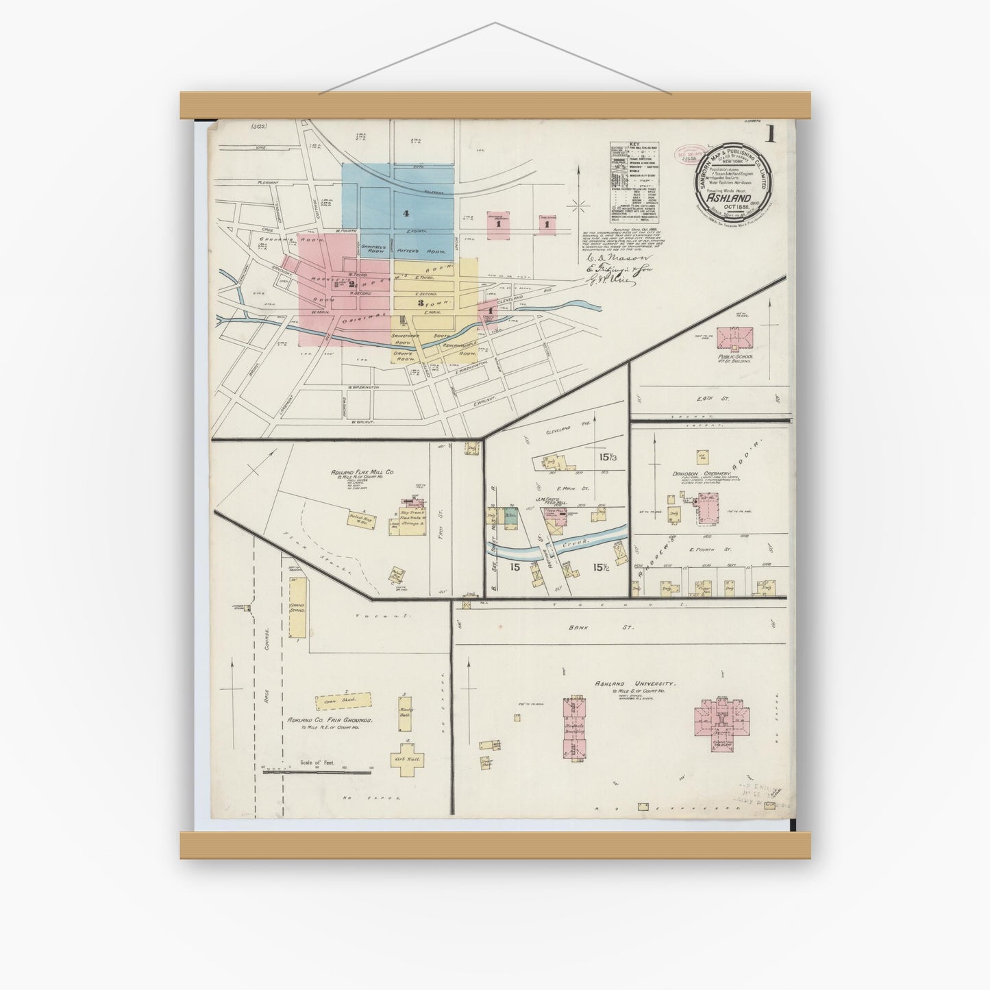 Old map wall art mockup — magnetic wood frame on white wall — Sanborn Fire Insurance Map from Ashland, Ashland County, Ohio (1888), Sheet #0001