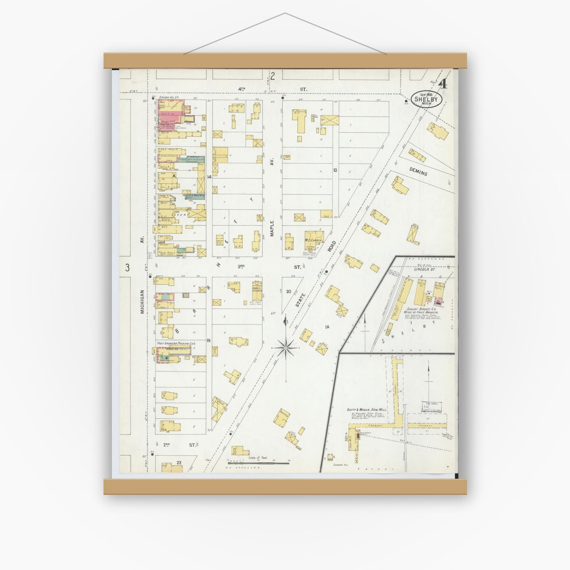 Old map wall art mockup — magnetic wood frame on white wall — Sanborn Fire Insurance Map from Shelby, Oceana County, Michigan (1900), Sheet #0004