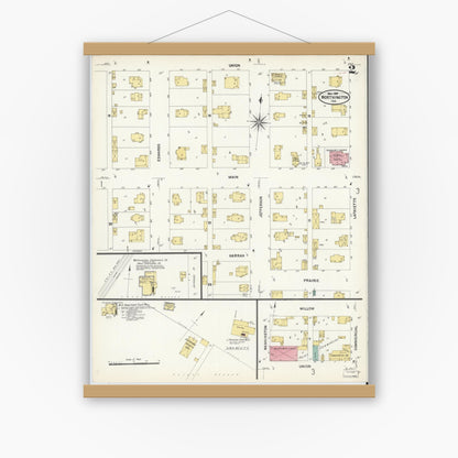 Old map wall art mockup — magnetic wood frame on white wall — Sanborn Fire Insurance Map from Worthington, Greene County, Indiana (1907), Sheet #0002