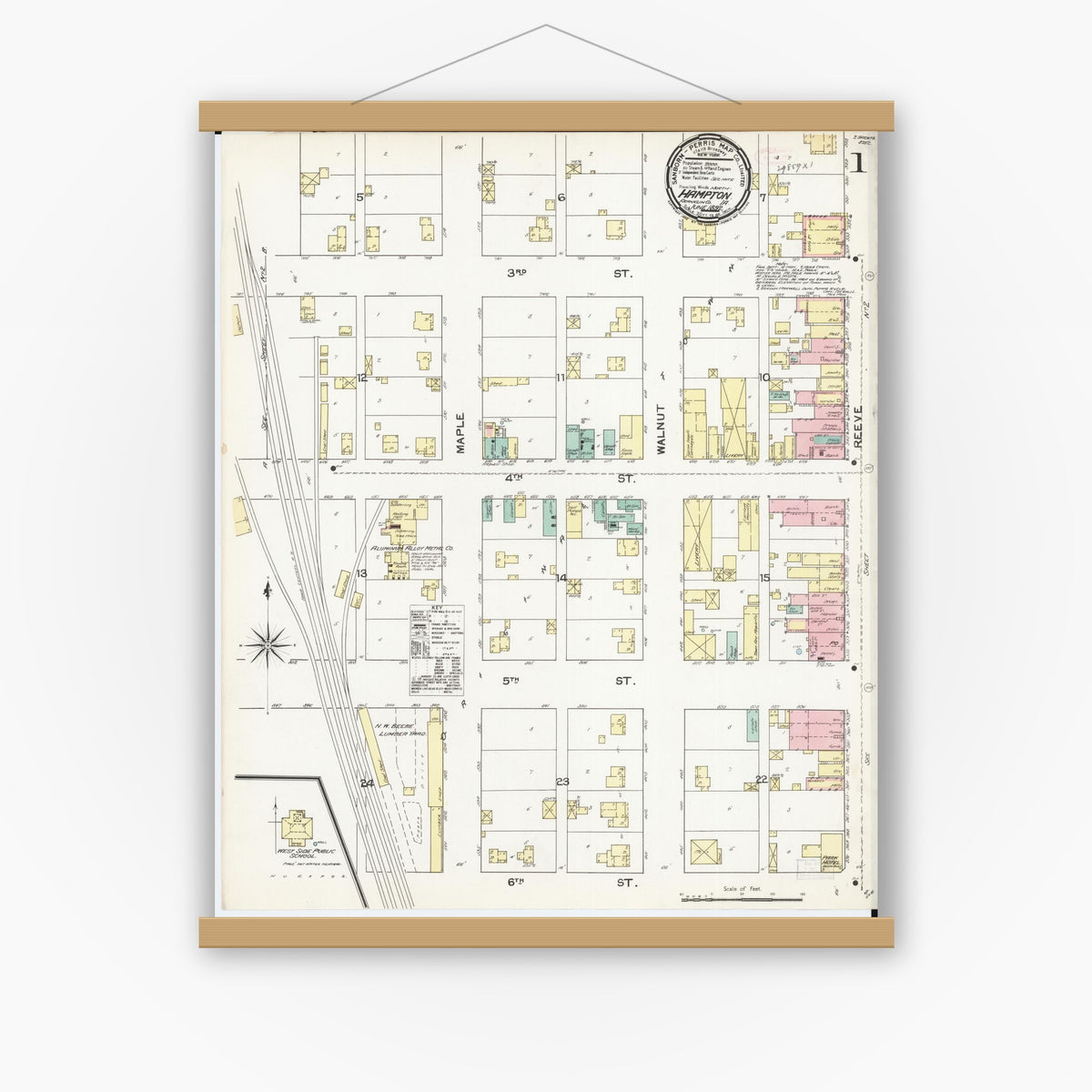 Old map wall art mockup — magnetic wood frame on white wall — Sanborn Fire Insurance Map from Hampton, Franklin County, Iowa (1892) â€” Complete Set