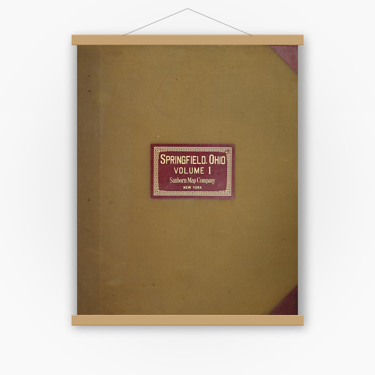 Old map wall art mockup — magnetic wood frame on white wall — Sanborn Fire Insurance Map from Springfield, Clark County, Ohio (1950), Sheet #0001