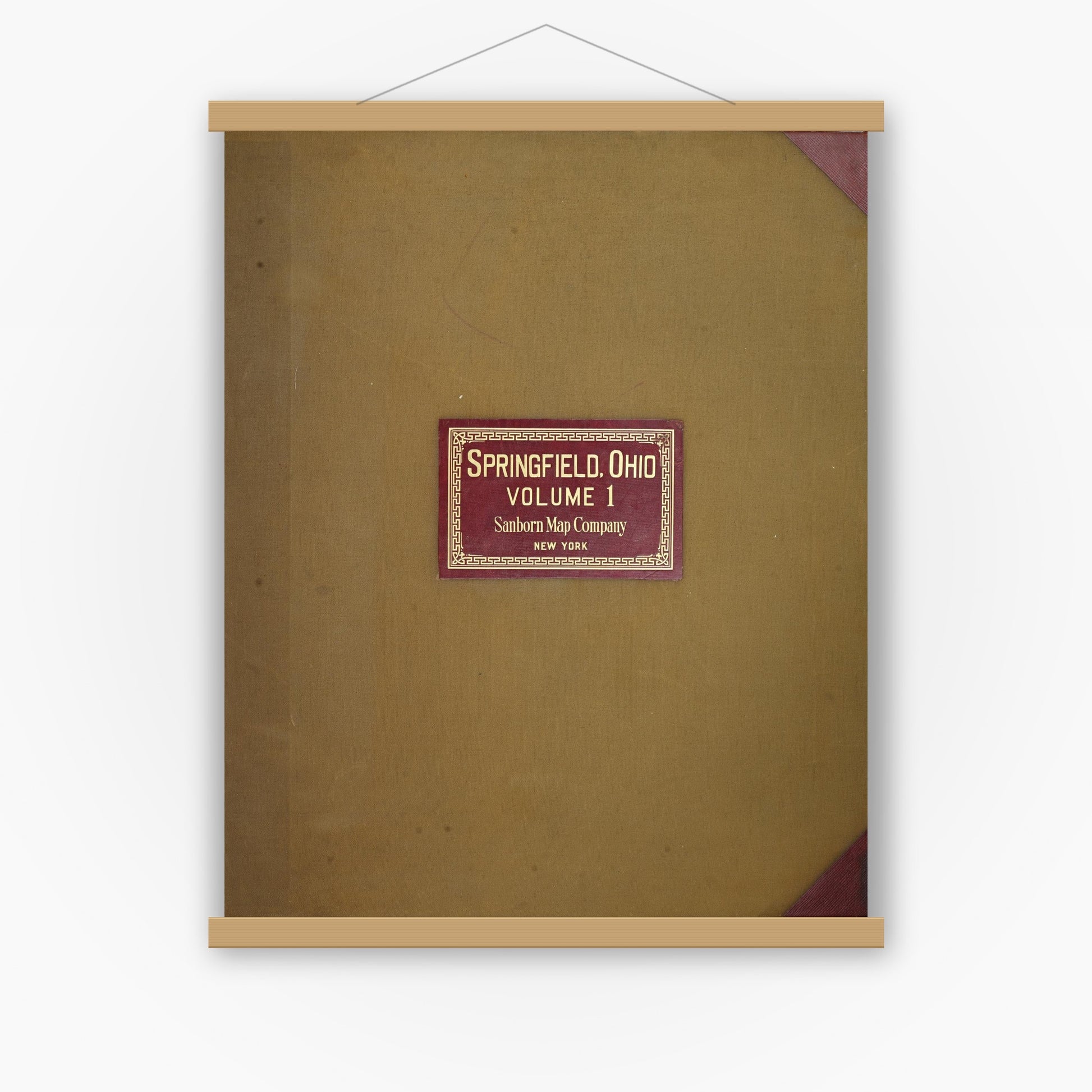 Old map wall art mockup — magnetic wood frame on white wall — Sanborn Fire Insurance Map from Springfield, Clark County, Ohio (1950), Sheet #0001