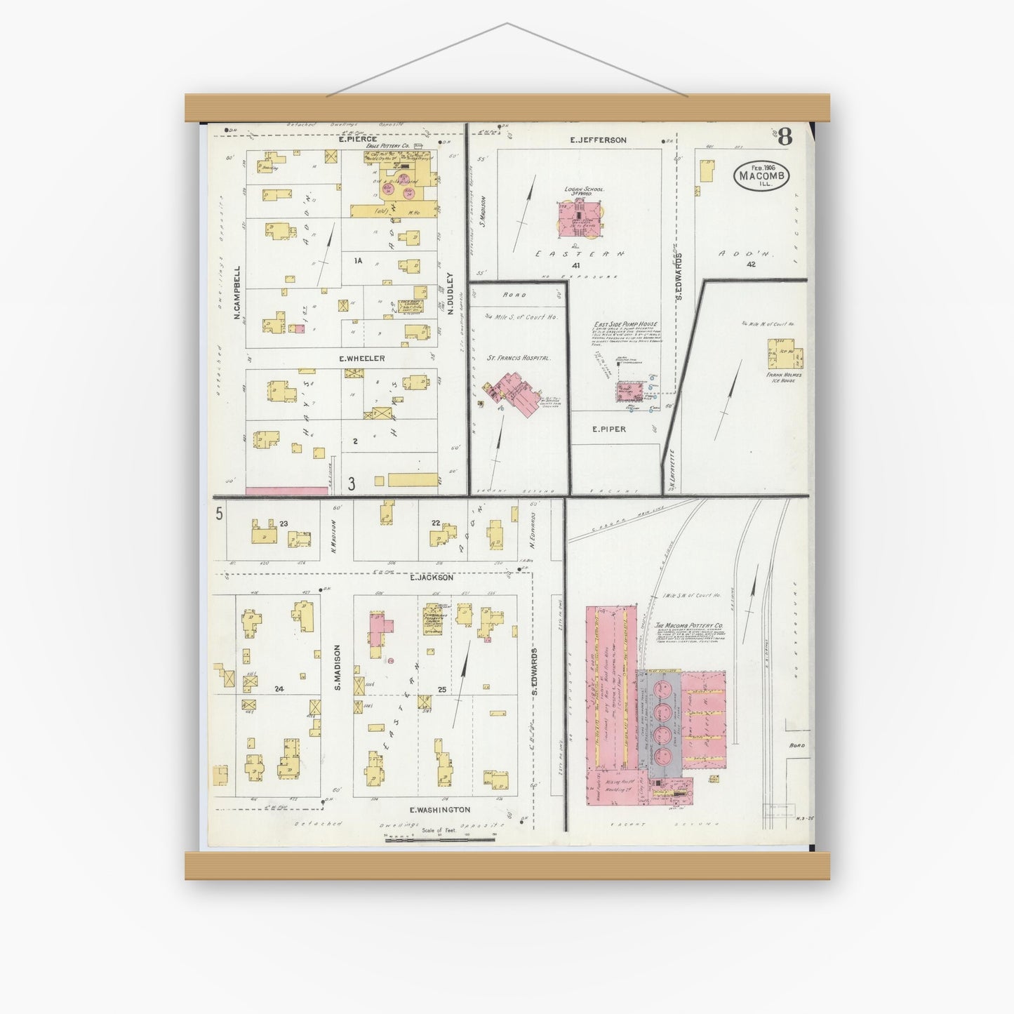 Old map wall art mockup — magnetic wood frame on white wall — Sanborn Fire Insurance Map from Macomb, Mcdonough County, Illinois (1906), Sheet #0008