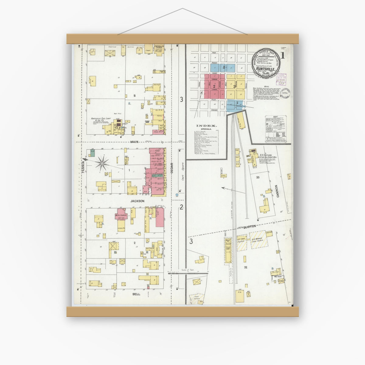 Old map wall art mockup — magnetic wood frame on white wall — Sanborn Fire Insurance Map from Huntsville, Walker County, Texas (1901), Sheet #0001