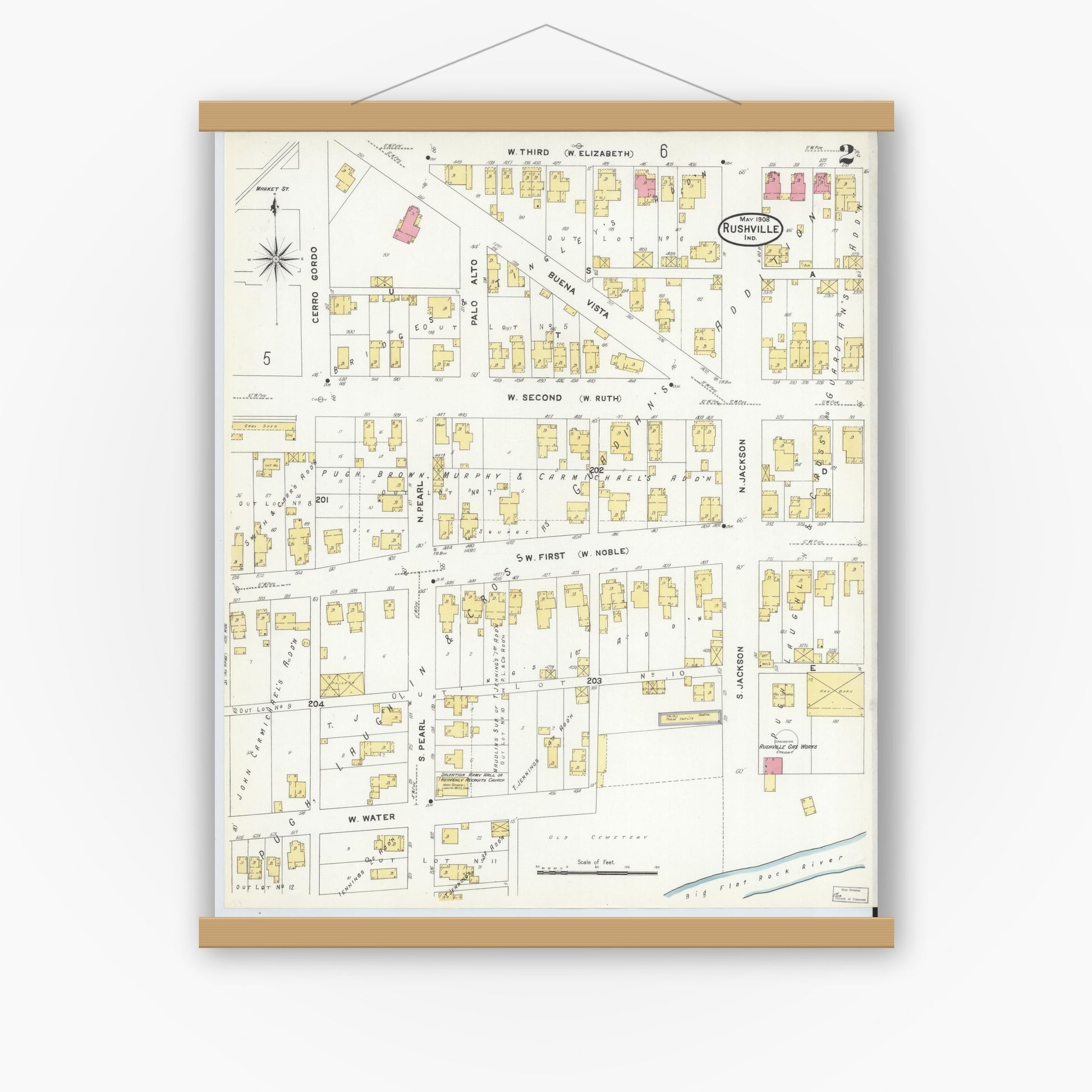 Old map wall art mockup — magnetic wood frame on white wall — Sanborn Fire Insurance Map from Rushville, Rush County, Indiana (1908), Sheet #0002