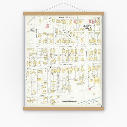 Old map wall art mockup — magnetic wood frame on white wall — Sanborn Fire Insurance Map from Rushville, Rush County, Indiana (1908), Sheet #0002