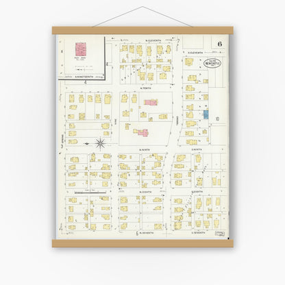 Old map wall art mockup — magnetic wood frame on white wall — Sanborn Fire Insurance Map from New Castle, Henry County, Indiana (1908), Sheet #0006