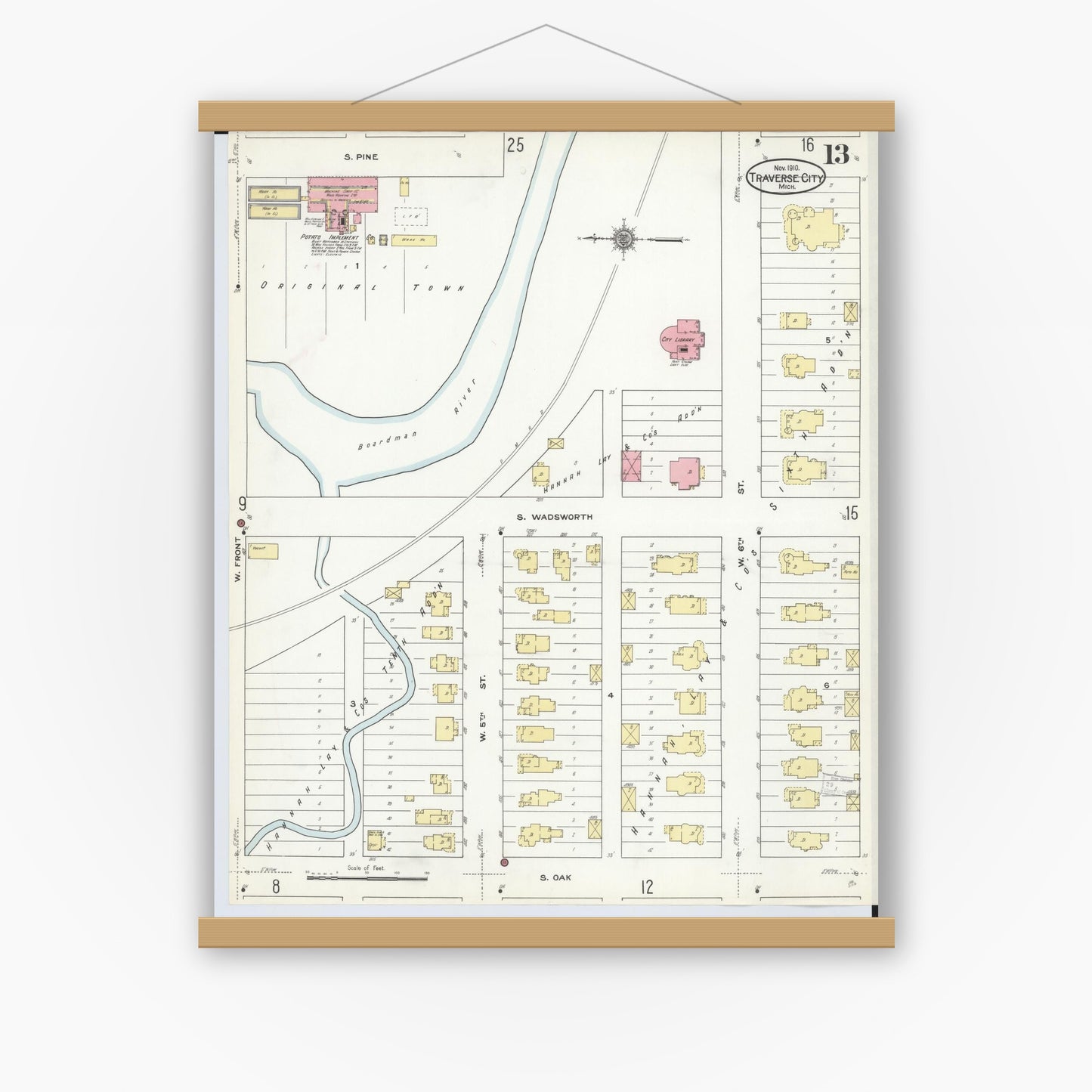 Old map wall art mockup — magnetic wood frame on white wall — Sanborn Fire Insurance Map from Traverse City, Grand Traverse County, Michigan (1910), Sheet #0013