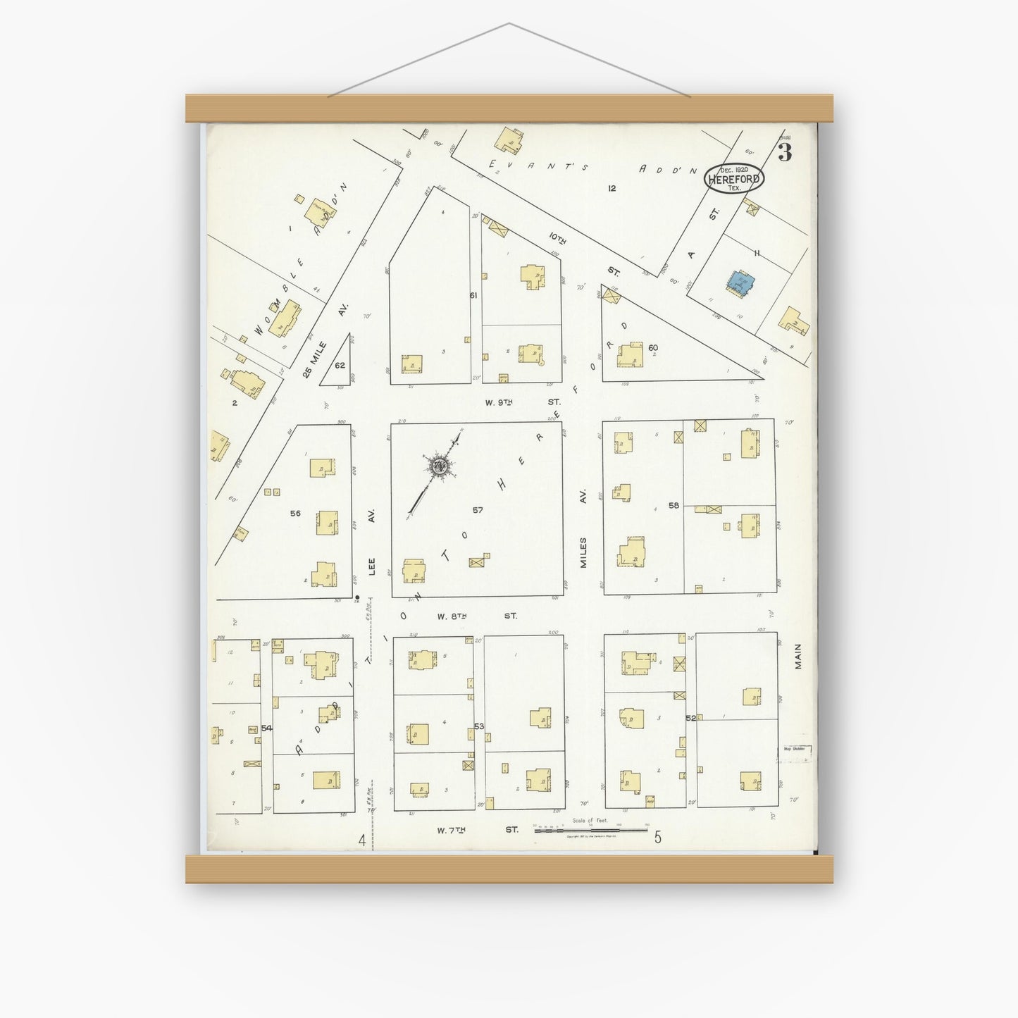 Old map wall art mockup — magnetic wood frame on white wall — Sanborn Fire Insurance Map from Hereford, Deaf Smith County, Texas (1920), Sheet #0003