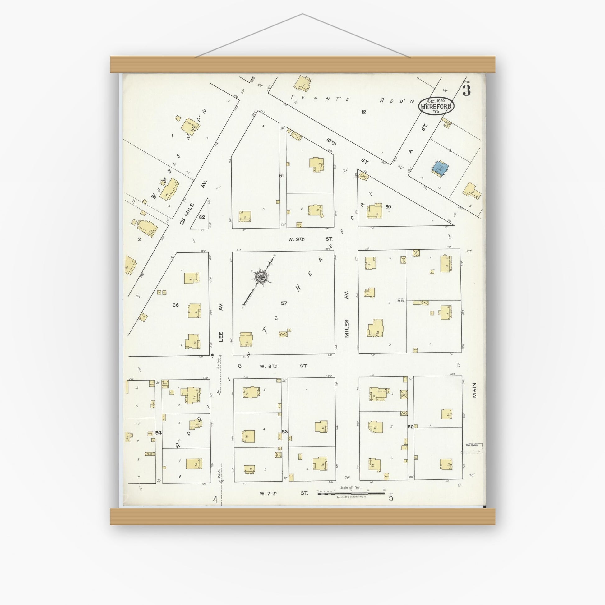 Old map wall art mockup — magnetic wood frame on white wall — Sanborn Fire Insurance Map from Hereford, Deaf Smith County, Texas (1920), Sheet #0003