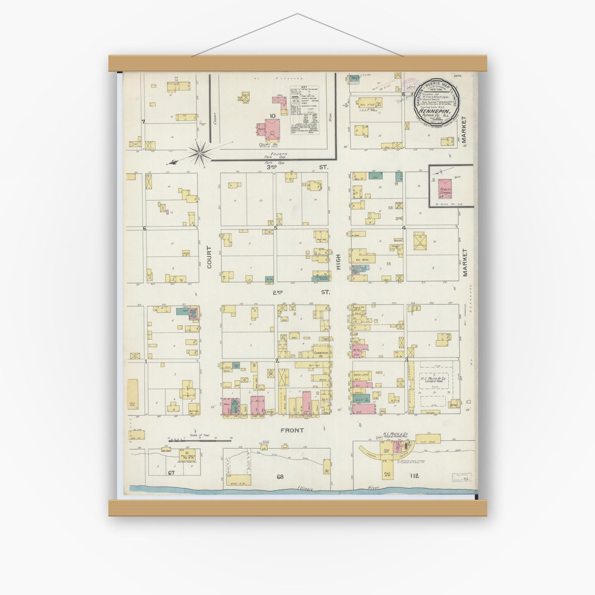 Old map wall art mockup — magnetic wood frame on white wall — Sanborn Fire Insurance Map from Hennepin, Putnam County, Illinois (1893), Sheet #0001