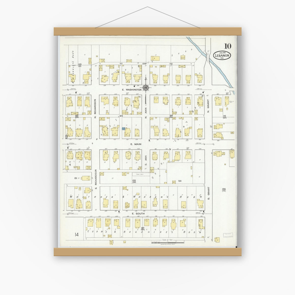 Old map wall art mockup — magnetic wood frame on white wall — Sanborn Fire Insurance Map from Lebanon, Boone County, Indiana (1919), Sheet #0010